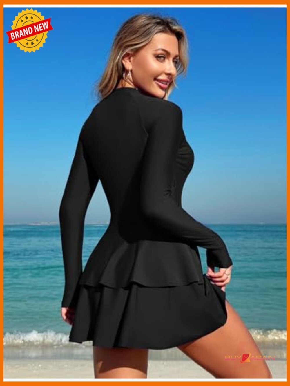 Women's One Piece Rash Guard Long Sleeve Modest Swimsuit with Skirt - Picture 4 of 7